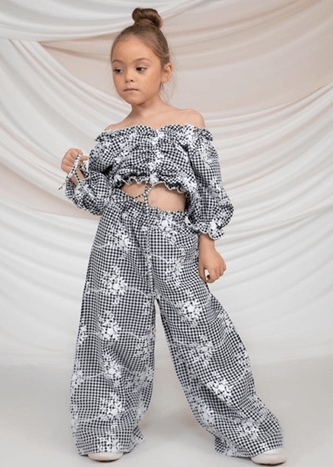 Minimo 2PCS SET EMBROIDERED CHECK POPLIN OFF-SHOULDER TOP & WIDE LEG TROUSERS WITH RUFFLE WAIST