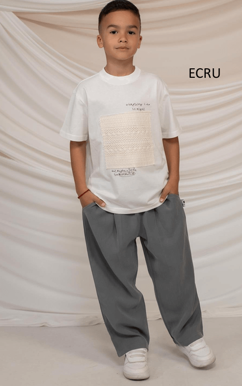 Minimo 2PCS SET PRINTED TOP WITH LACE INSET PANEL & STRAIGHT-LEG PANTS WITH PLEATS