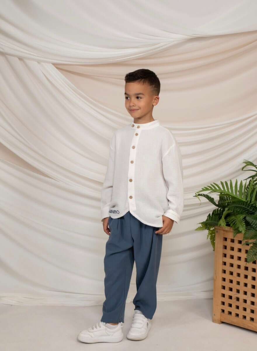 Minimo 2PCS SET MAO COLLAR SHIRT WITH ASYMMETRIC HEM & STRAIGHT LEG ANKLE PANTS