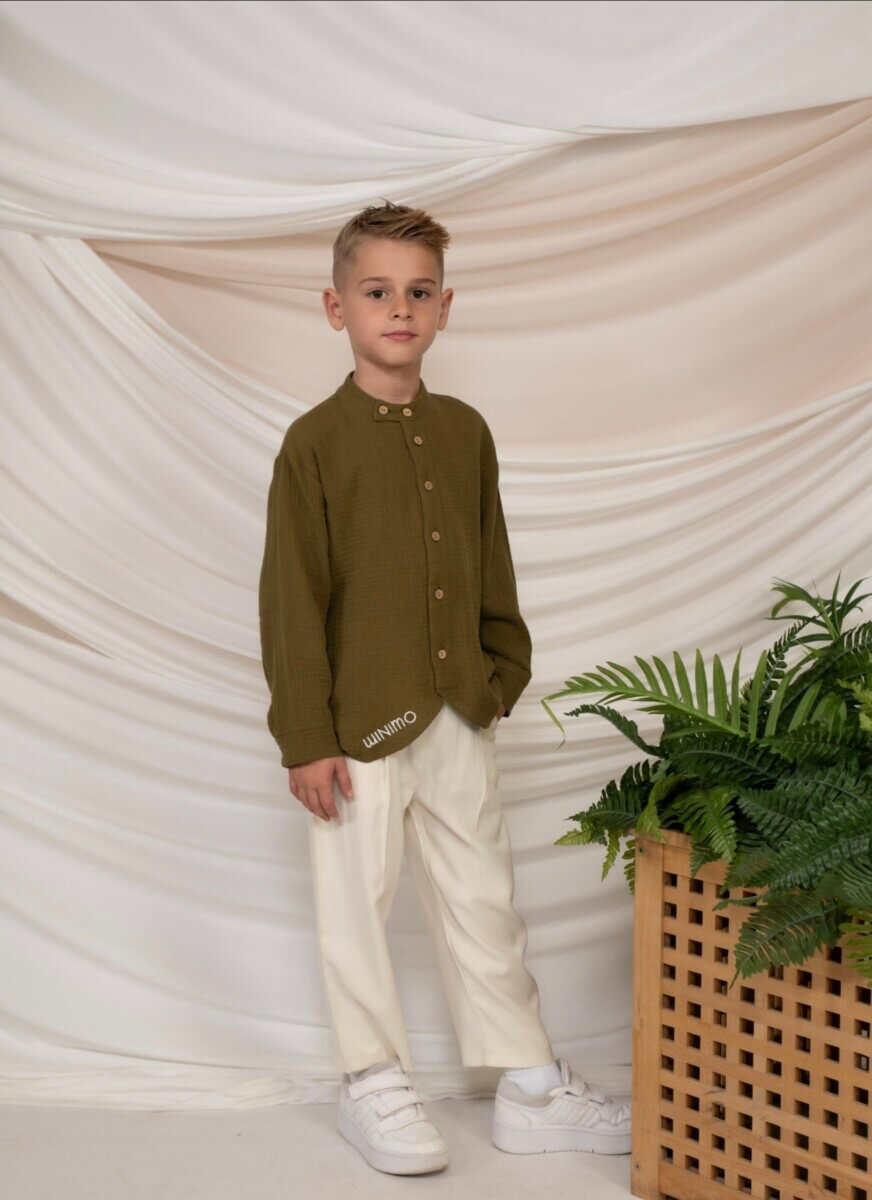 Minimo 2PCS SET MAO COLLAR SHIRT WITH ASYMMETRIC HEM & STRAIGHT LEG ANKLE PANTS