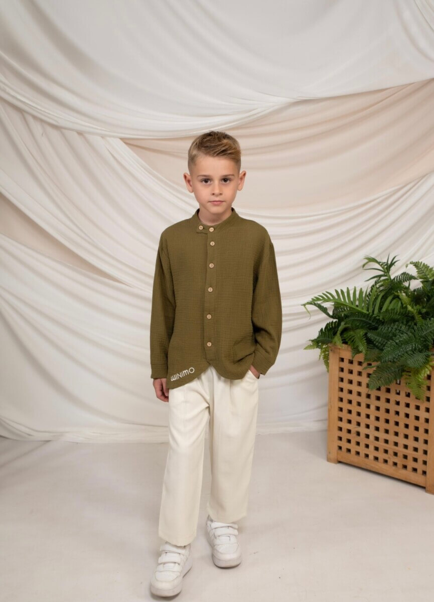 Minimo 2PCS SET MAO COLLAR SHIRT WITH ASYMMETRIC HEM & STRAIGHT LEG ANKLE PANTS