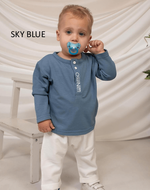 Minimo 2PCS SET FINE KNIT LONGSLEEVE TOP WITH BUTTONED PLACKET & EMBROIDERY TAPERED LEG PANTS