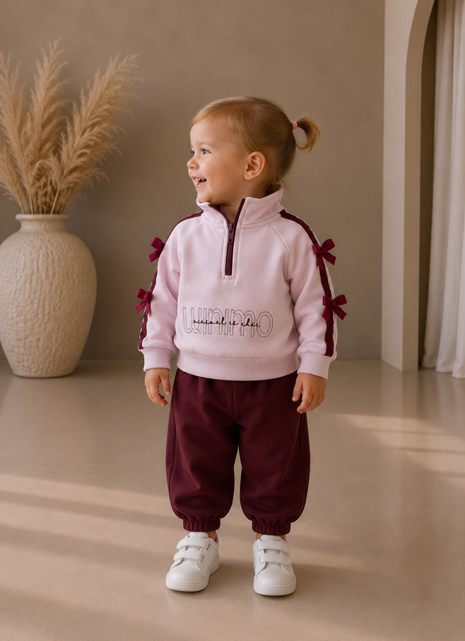SWEATSHIRT SET BOW DETAIL ZIP TOPAND BALLOON PANTS minimobych
